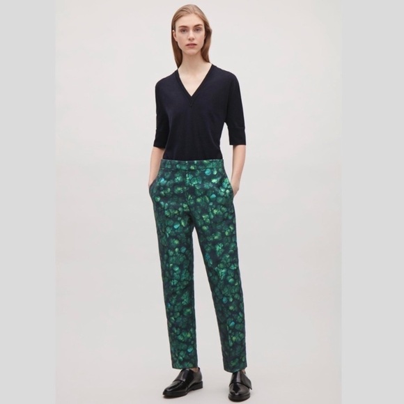 COS Jacquard Pleated Trousers Green Patterned Straight Leg Abstract Pockets 2 - Picture 1 of 5